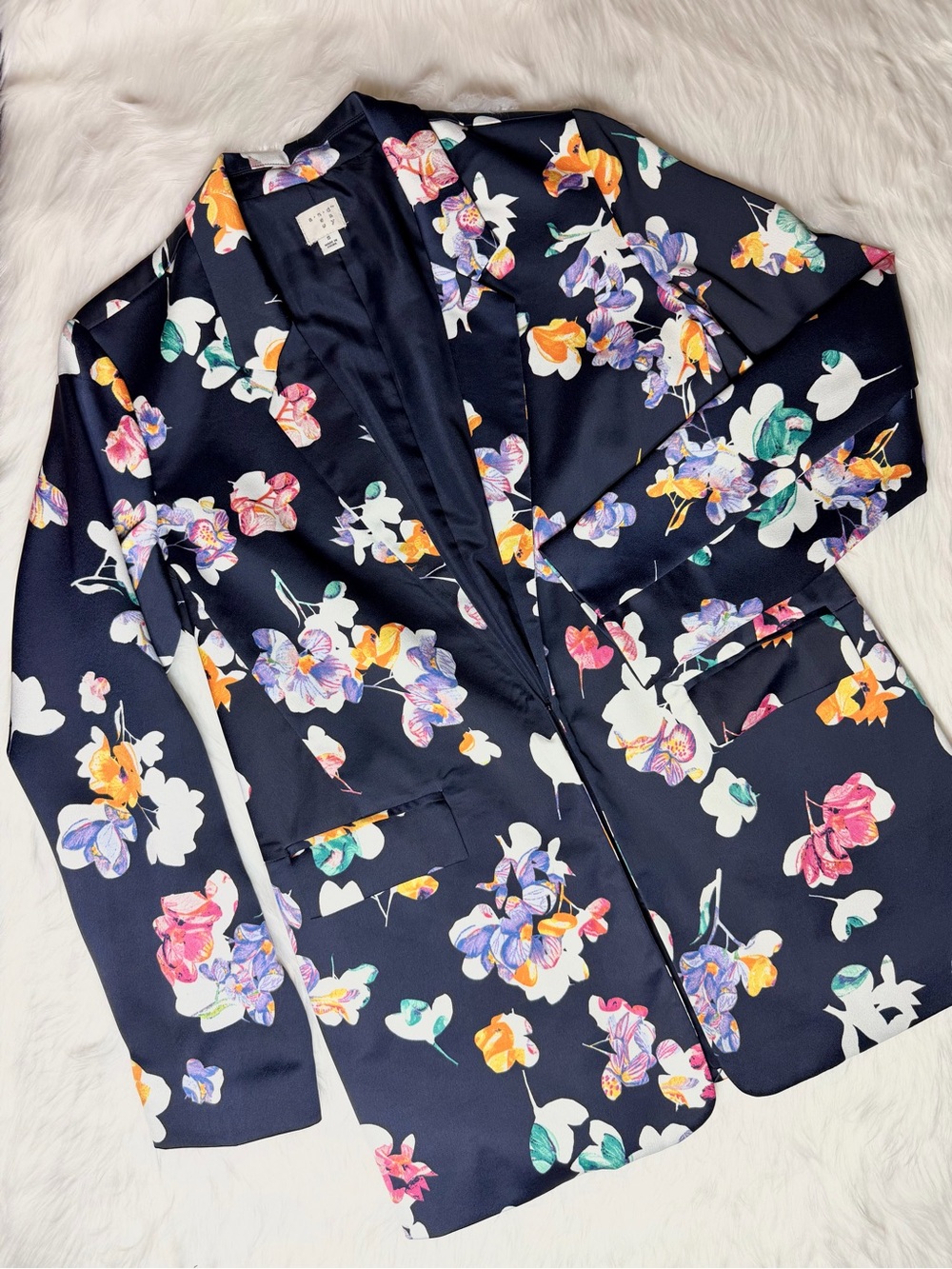 And The Why Navy Floral Satin Open Front Blazer Jacket Multicolor Print Size S - Picture 7 of 8